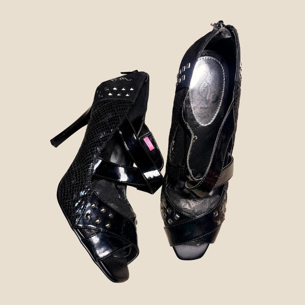 Y2K Baby Phat Scene Black Studded Snakeskin Patent Heels Caged Sandals